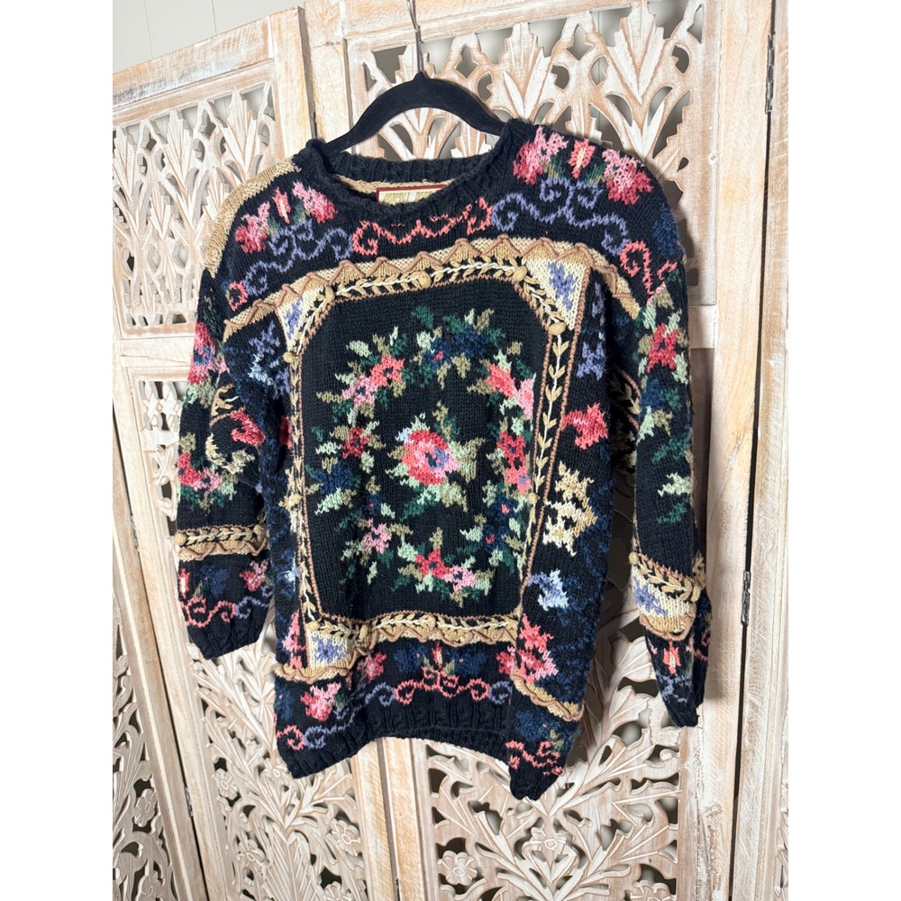 Crystal Kobe Vintage Floral Intarsia Cable Knit Sweater Black Women Medium